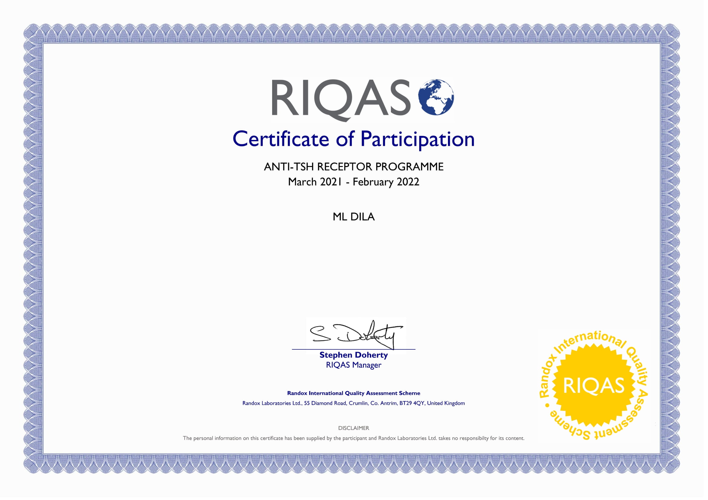 Фото - Сертификат участия в программе внешней оценки качества RIQAS (Антитела к рецепторам ТТГ)