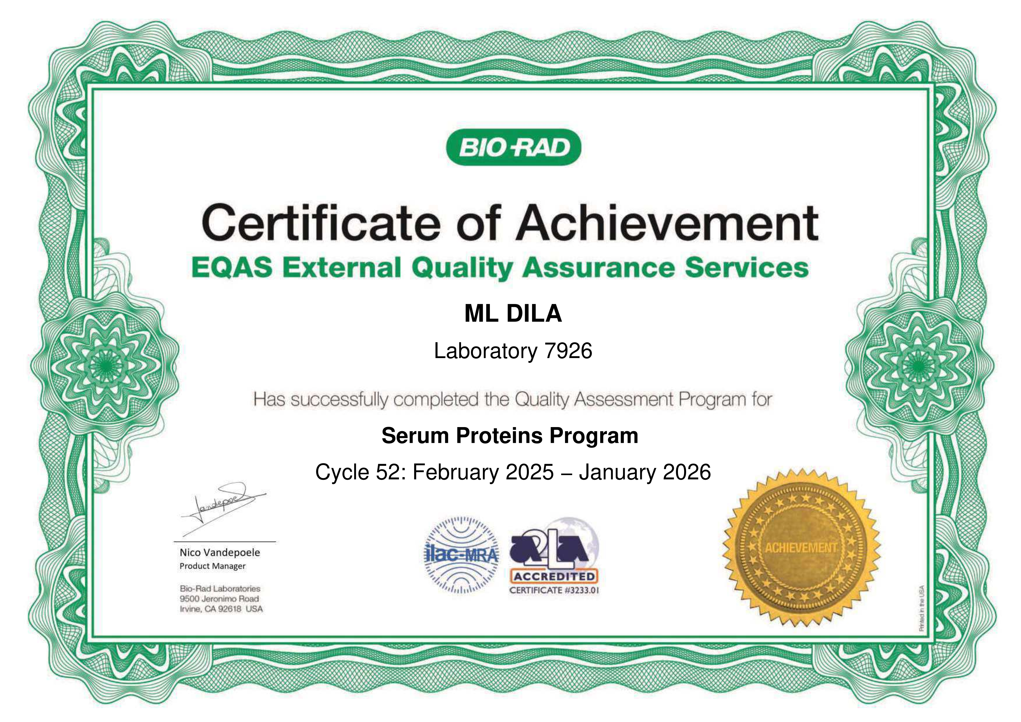 Фото - ​Сертифікат участі в програмі зовнішньої оцінки якості EQAS (Спец. білки) 2026