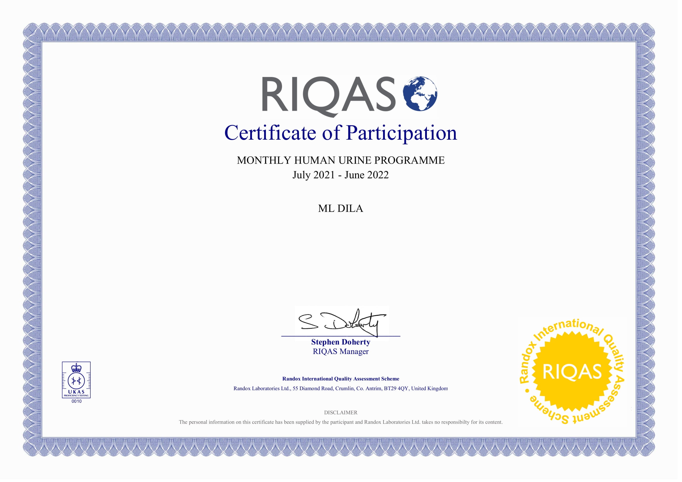 Фото - Сертификат участия в программе внешней оценки качества RIQAS (Биохимия мочи)