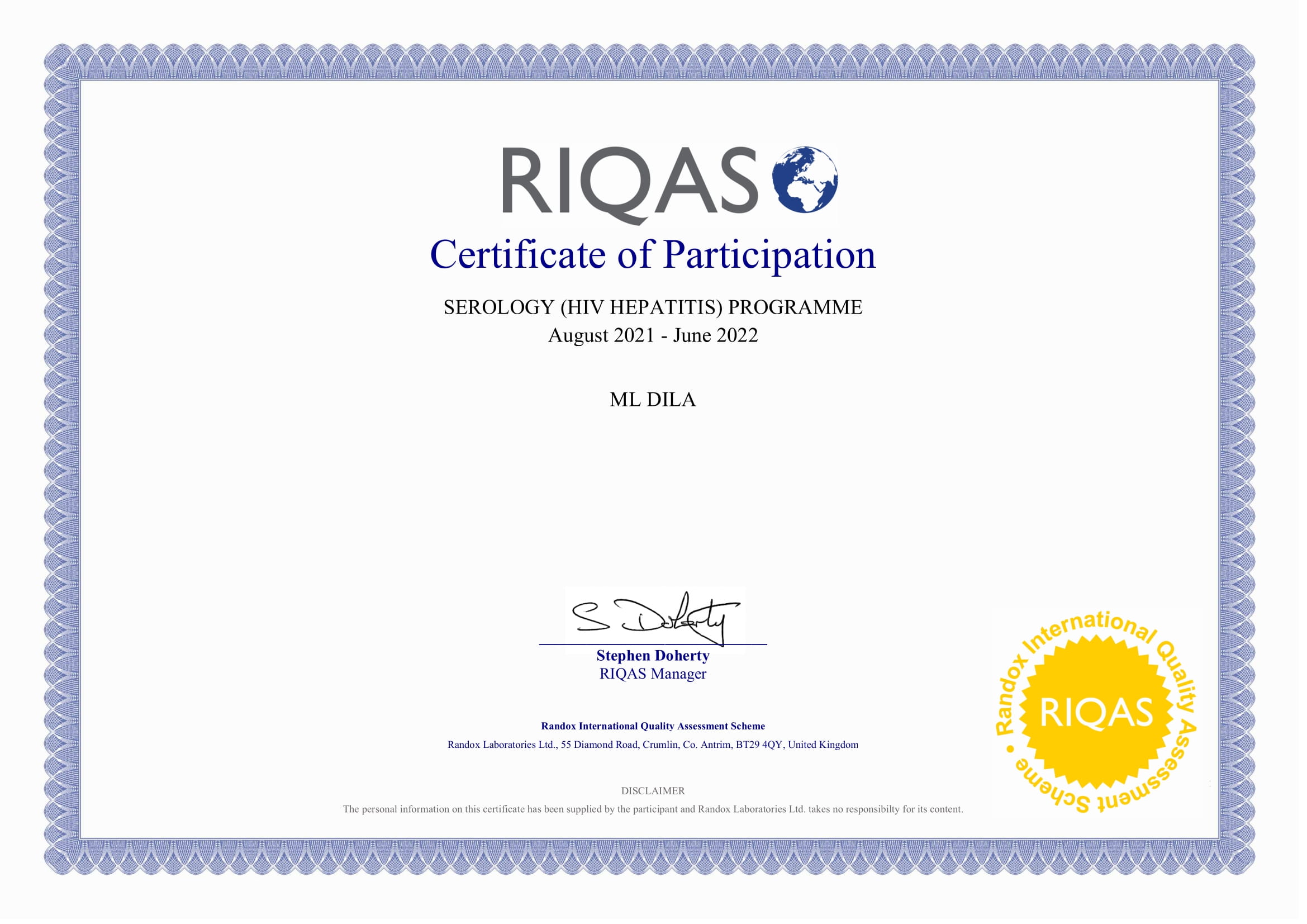 Фото - Сертификат участия в программе внешней оценки качества RIQAS (Серология ВИЧ Гепатиты)