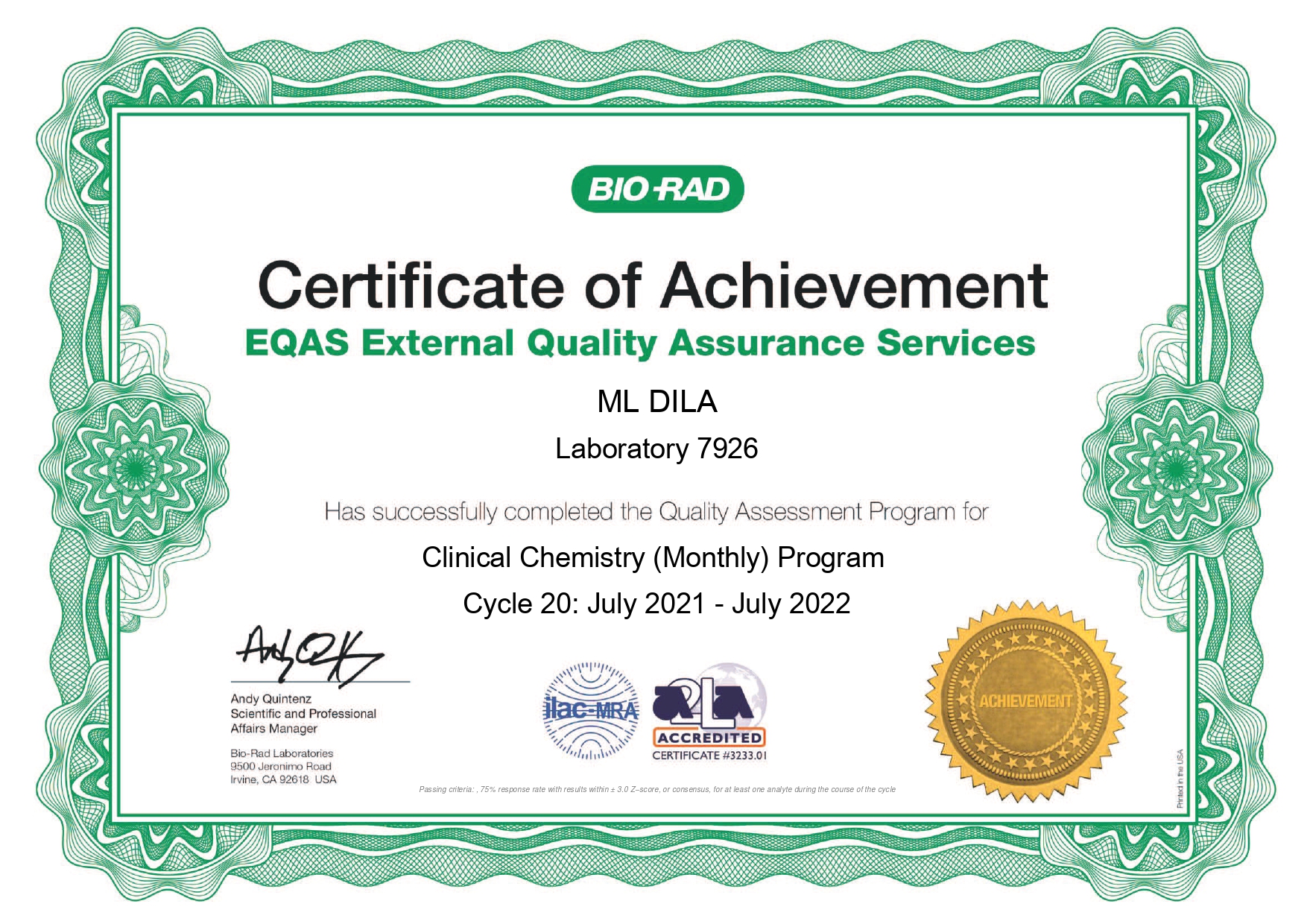 Фото - Сертификат участия в программе внешней оценки качества EQAS (Биохимия)