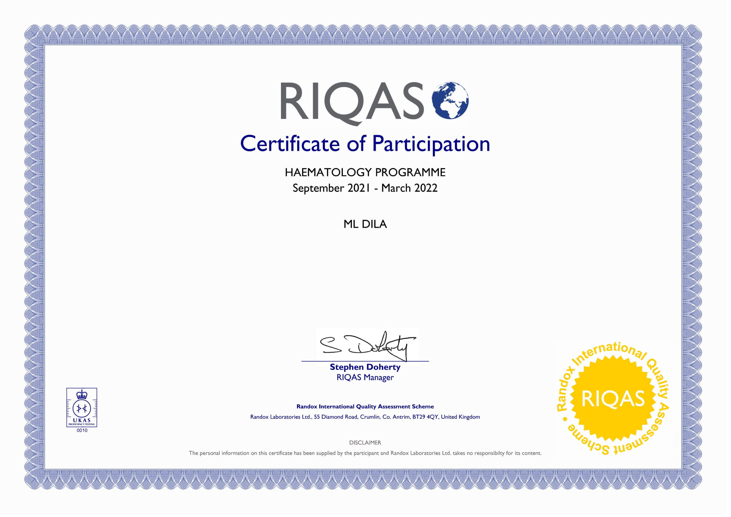 Фото - Сертификат участия в программе внешней оценки качества RIQAS Гематология