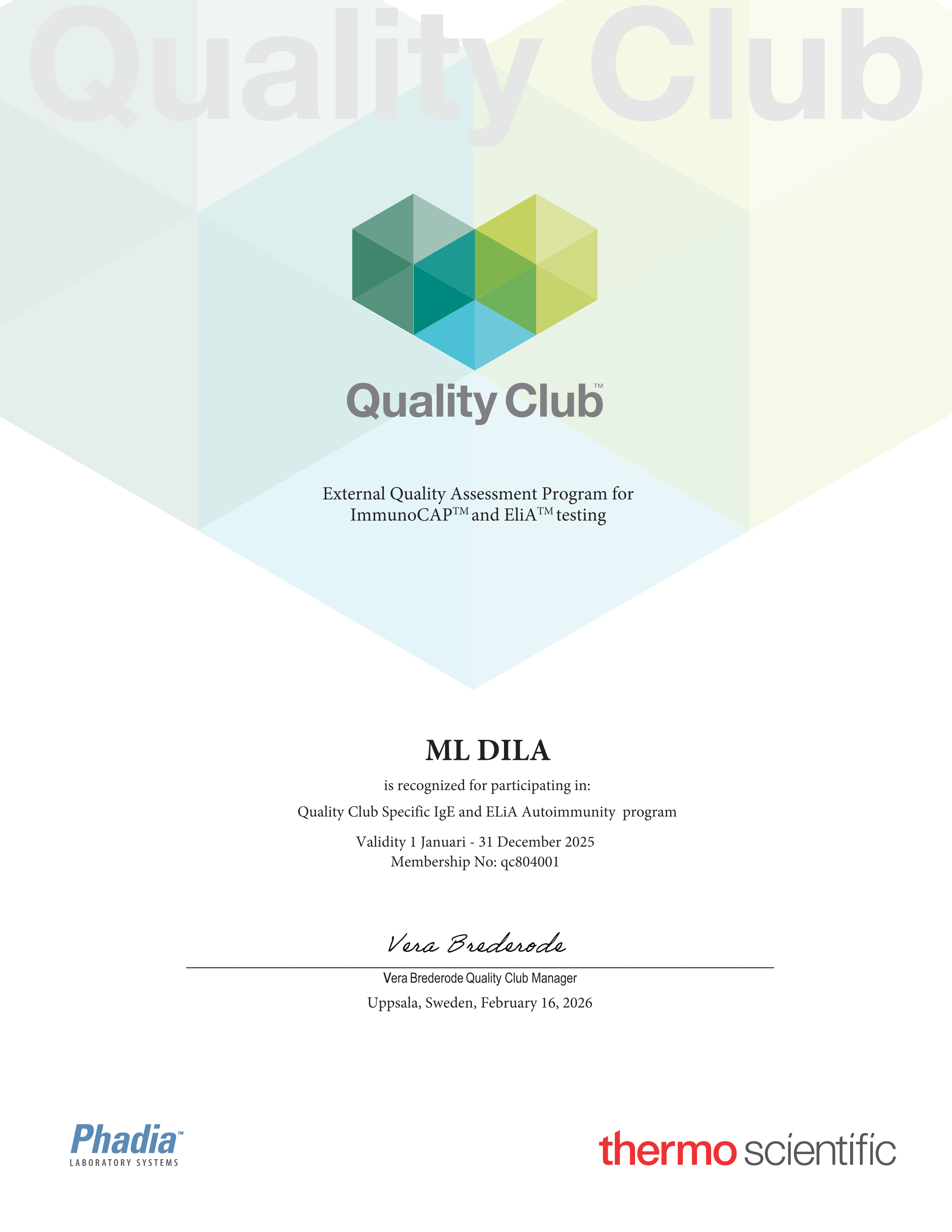 Фото - Сертифікат участі в програмі зовнішньої оцінки якості Quality Club_Phadia 2025