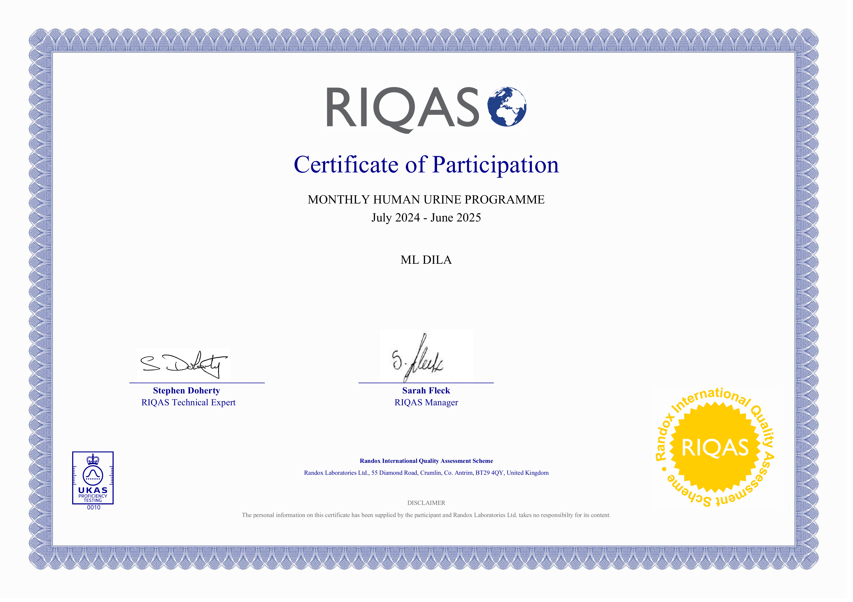 Фото - Сертифікат участі в програмі зовнішньої оцінки якості RIQAS (Біохімія сечі) 2025